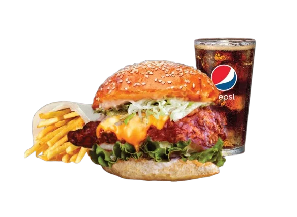 Serves with French Fries & Cold Drink Set Spicy BBQ Chicken Burger